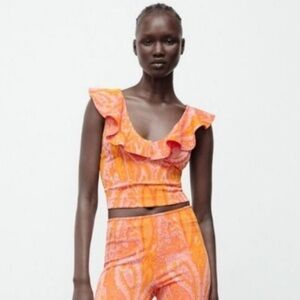 Zara Jacquard Ruffle Orange Pink and Yellow Top